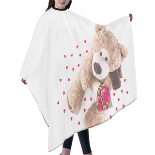 Personality  Top View Of Teddy Bear With Bouquet Of Pink Roses Isolated On White, Valentines Day Concept Hair Cutting Cape