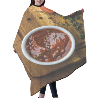 Personality  Top View Of Bbq Sauce In Bowl And Delicious Roasted Meat With Tomato On Wooden Board Hair Cutting Cape