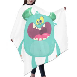 Personality  Happy Cool Cartoon Fat Monster. Blue And Horned Vector Monster Character Hair Cutting Cape