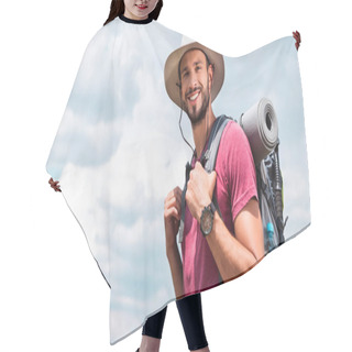 Personality  Smiling Traveler In Hat With Backpack And Tourist Mat, With Cloudy Sky Background Hair Cutting Cape