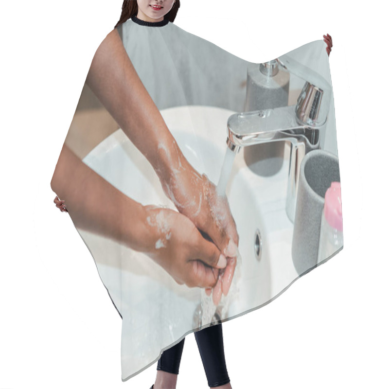 Personality  Cropped View Of African American Woman Washing Hands In Bathroom Hair Cutting Cape