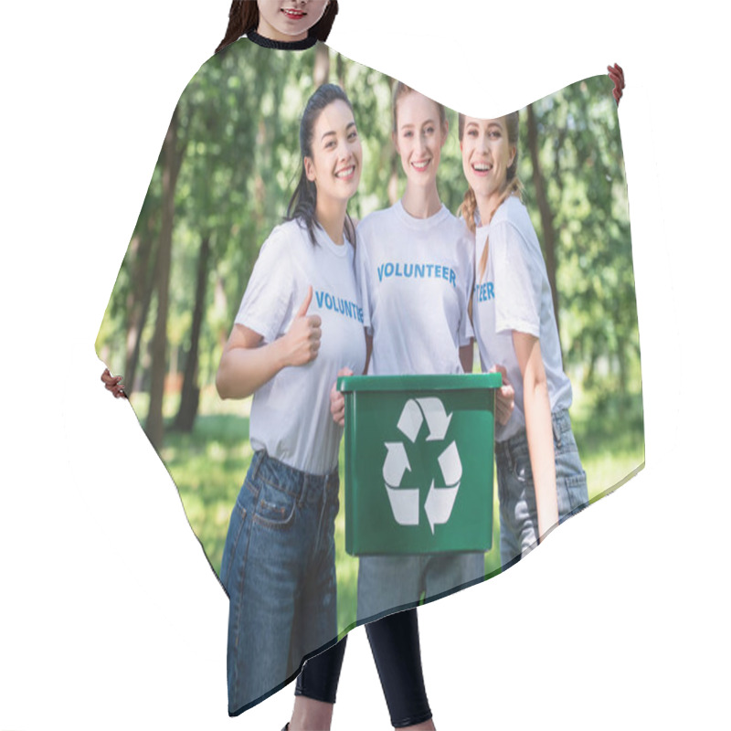 Personality  Young Female Volunteers With Recycling Box Showing Thumb Up Hair Cutting Cape