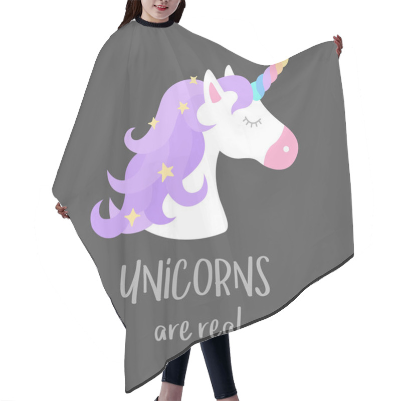 Personality  Unicorns Are Real Quote, Vector Illustration Icon. Cute Colorful Unicorn Graphic Print Isolated On Grey Background. Hair Cutting Cape