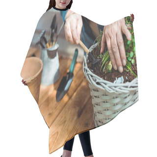 Personality  Cropped View Of Retired Woman Holding Rake Near Ground And Green Plant   Hair Cutting Cape
