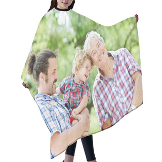Personality  Family Generations: Father, Son And Granddad, Outdoors, In Nature, Enjoying Their Quality Time Together, All In Checkered Shirts Hair Cutting Cape