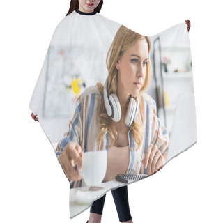 Personality  Selective Focus Of Pretty Adult Freelancer Holding Cup And Working With Laptop Hair Cutting Cape