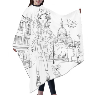 Personality  Vector Cute Girl In Quarter Montmartre, Paris, France. Black And White Illustration For Coloring Book. Hair Cutting Cape