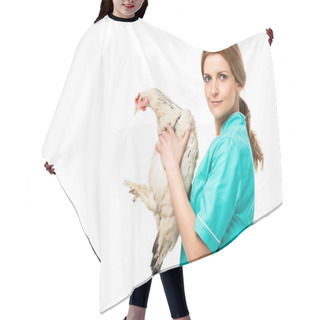 Personality  Side View Of Veterinarian In Uniform Holding Chicken Isolated On White Hair Cutting Cape