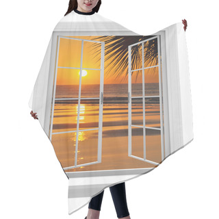 Personality  Open Window With A Tropical Beach View And Orange Sunset Hair Cutting Cape