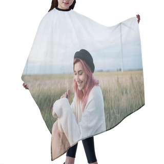 Personality  Pretty Girl With Pink Hair In White Sweater And Hat Sitting In Field With Windmills Hair Cutting Cape
