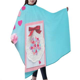Personality  Top View Of Greeting Card With Tulips And Paper Hearts On Blue Background Hair Cutting Cape