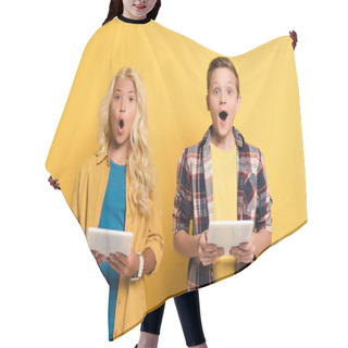 Personality  Shocked Kids Holding Digital Tablets And Looking At Camera On Yellow Background  Hair Cutting Cape