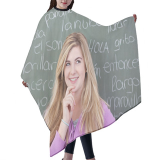 Personality  Girl With Hand On Chin Against Spanish Words Written On Blackboa Hair Cutting Cape