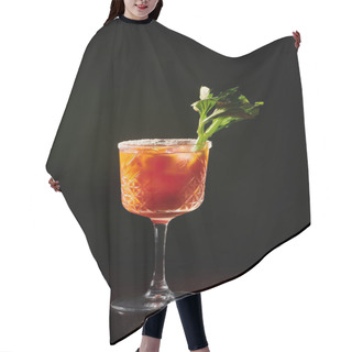Personality  Stunning Bloody Mary Cocktail With Celery Stalk Garnishing On Black Background, Concept Hair Cutting Cape