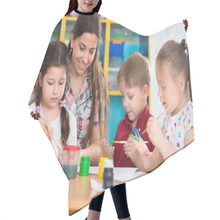 Personality  Cute Children Drawing With Teacher At Preschool Class Hair Cutting Cape