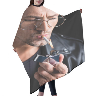 Personality  Handsome Man In Sunglasses Lighting Cigarette With Lighter Isolated On Black Hair Cutting Cape