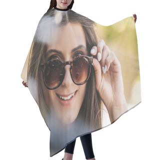 Personality  Portrait Of Of Beautiful Young Woman In Sunglasses On Street Hair Cutting Cape