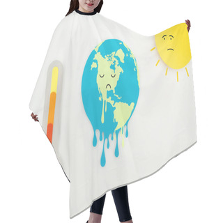 Personality  Paper Cut Sun And Melting Earth With Sad Faces Expression, And Thermometer With High Temperature Indication On Scale On Grey Background, Global Warming Concept  Hair Cutting Cape