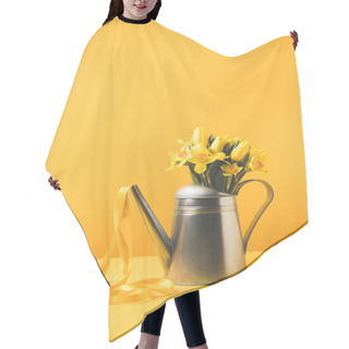 Personality  Beautiful Blooming Spring Flowers In Watering Can With Ribbon On Yellow  Hair Cutting Cape