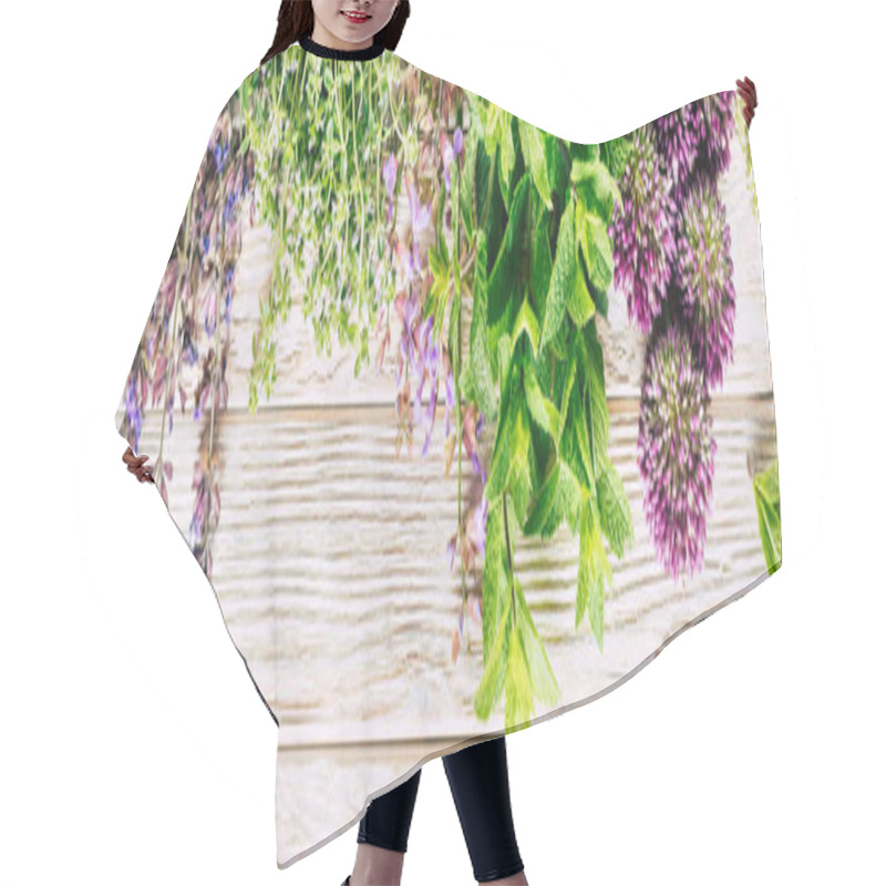 Personality  Harvesting Herbs, Long Banner. Healing Plants On A White Wooden Background. High Quality Photo Hair Cutting Cape