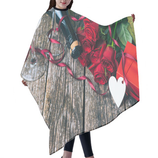 Personality  Happy Valentine Day. Beautiful Red Roses. Valentines Day Card. Rustic Style. Copy Space. Love Card. Valentines Gift With Flowers. Champagne Glasses And Romantic Roses On Wooden Boards. Birthday Card. Hair Cutting Cape