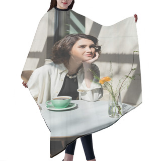 Personality  Smiling Woman Sitting At White Round Table Near Cup Of Black Aromatic Coffee, Saucer, Glass Vase With Yellow Rose And Green Plants On Summer Terrace Of Hotel Cafe In Morning Sunlight Hair Cutting Cape