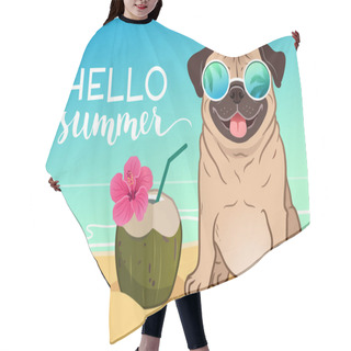 Personality  Pug Dog Wearing Reflective Sunglasses On A Sandy Beach, Ocean In Hair Cutting Cape