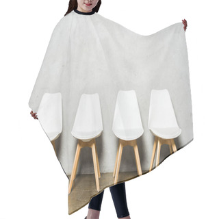 Personality  White Chairs Near Grey Concrete Wall With Copy Space In Office  Hair Cutting Cape