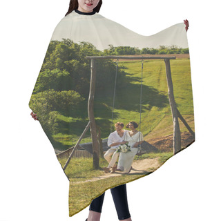 Personality  Carefree And Stylish Multiethnic Newlyweds On Rustic Swing In Countryside With Picturesque Landscape Hair Cutting Cape