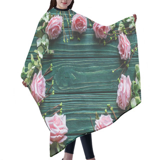 Personality  Top View Of Wooden Green Background With Blossoming Branches, Roses Hair Cutting Cape