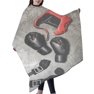 Personality  Top View Of Boxing Gloves And Helmet With Wrist Wraps Lying On Concrete Surface Hair Cutting Cape