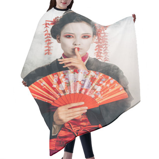 Personality  Beautiful Geisha In Black Kimono With Flowers In Hair Holding Hand Fan And Showing Shh Gesture In Smoke Hair Cutting Cape