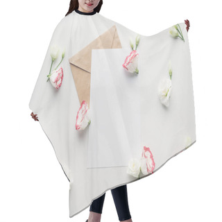 Personality  Top View Of Empty Blank With Brown Envelope And Eustoma On Grey Background Hair Cutting Cape