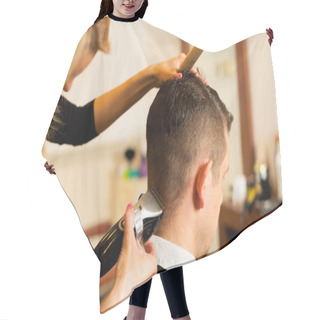 Personality  Female Hairdresser Cutting Hair Of Smiling Man Client At Beauty Hair Cutting Cape