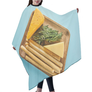 Personality  Top View Of Board With Breadsticks, Cheese And Rosemary On Blue Hair Cutting Cape