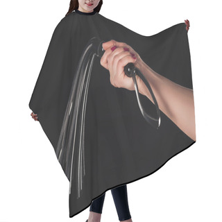 Personality  Cropped View Of Female Hand Holding Leather Flogging Whip Isolated On Black Hair Cutting Cape
