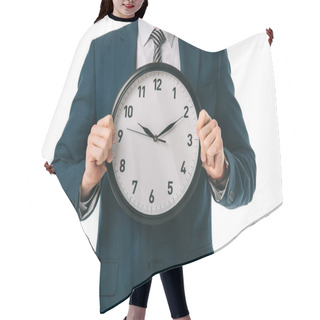 Personality  Cropped View Of Businessman Holding Clock Isolated On White Hair Cutting Cape