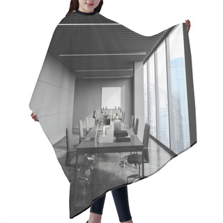 Personality  Front View Of Loft Panoramic Open Space Office With Dark Gray Walls, Concrete Floor, Long Computer Tables, Horizontal Mock Up Poster And Window With Blurry Cityscape. 3d Rendering Hair Cutting Cape