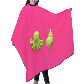Personality  Top View Of Green Octopus And Shellfish Toys On Pink Background Hair Cutting Cape