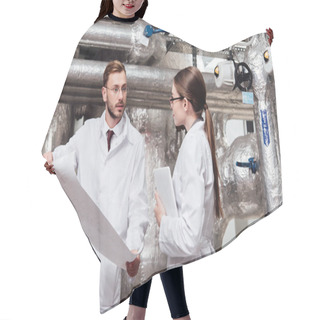 Personality  Engineer In White Coat Looking At Coworker In Glasses While Holding Blueprint  Hair Cutting Cape