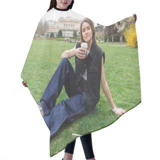 Personality  Thoughtful Young Woman In Sleeveless Jacket Holding Paper Cup And Resting On Lawn Near Laptop Hair Cutting Cape
