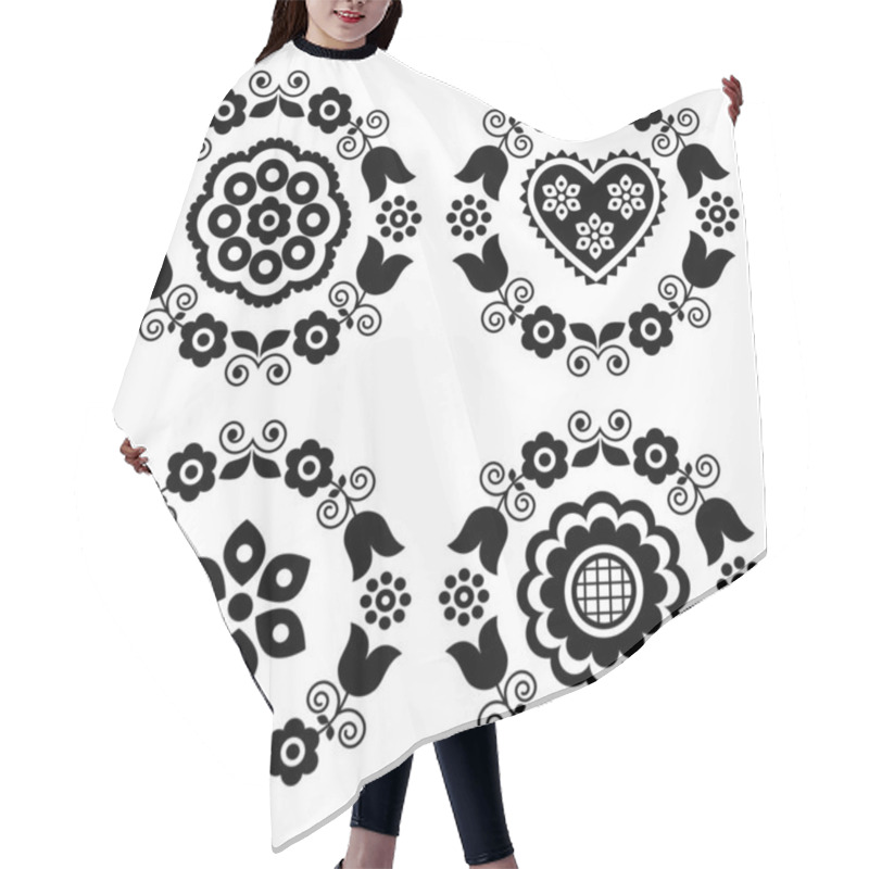 Personality  Polish Folk Art Vector Black And White Mandala Design Collection With Flowers And Hearts - Perfect For Greeting Card Or Wedding Invitation Hair Cutting Cape