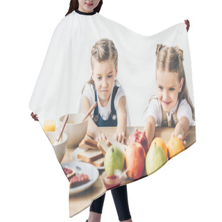 Personality  Little Sisters Do Not Want To Eat Healthy Breakfast Isolated On White Hair Cutting Cape