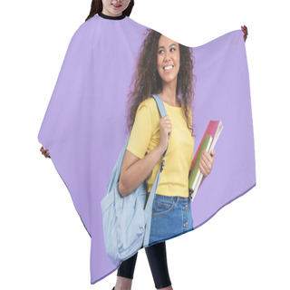 Personality  Image Of Positive African American Student Girl Holding Exercise Books Hair Cutting Cape