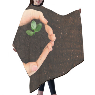 Personality  Female Handful Of Soil With Small Green Plant, Closeup Hair Cutting Cape