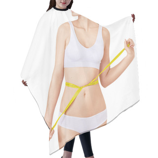 Personality  Slim Woman In White Underwear And Measure Around Her Body On Isolated Background. Hair Cutting Cape