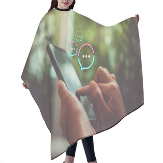 Personality  Women Hand Using Smartphone Typing, Chatting Conversation In Chat Box Icons Pop Up. Social Media Maketing Technology Concept. Hair Cutting Cape