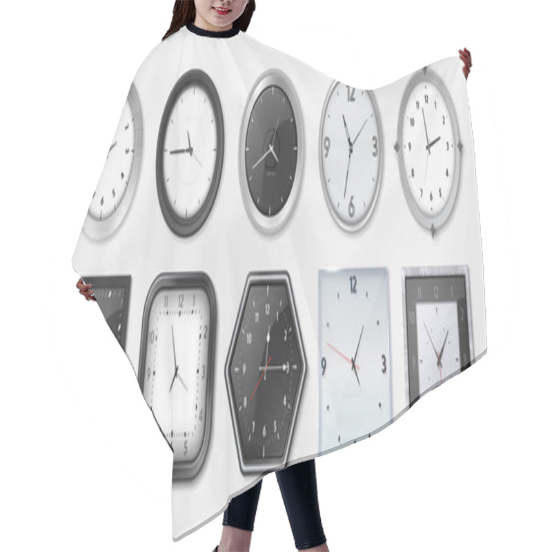 Personality  Realistic Clock. Square And Round Metal And Plastic Office Clocks With Black And White Dials And Bezels. Vector Wall Watches With Hour And Minute Arrows Hair Cutting Cape