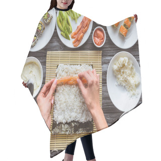 Personality  Partial Top View Of Person Cooking Delicious Sushi Roll With Salmon, Rice And Nori   Hair Cutting Cape