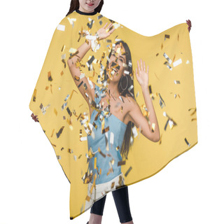 Personality  Selective Focus Of Woman Gesturing Near Falling Confetti On Orange  Hair Cutting Cape